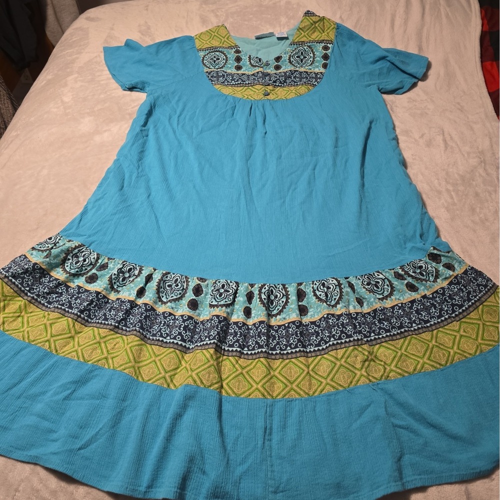 National Teal Cotton Crinkle Gauze Boho Dress Muumuu Short Sleeve Geometric Sz L